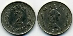 Монета Мальта 2 цента 1977 г.