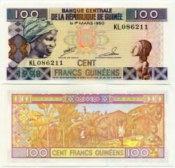 Банкнота ( бона ) Гвинея 100 франков 1998 г.