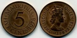 Монета Маврикий 5 центов 1978 г.