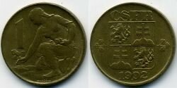 Монета Чехословакия 1 крона 1992 г.