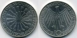 Монета ФРГ 10 марок 1972 г. D, Олимпийские Игры - Спираль "In Deutschland"
