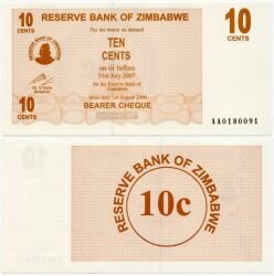 Банкнота ( бона ) Зимбабве 10 центов 2007 г.