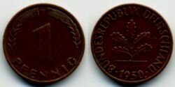 Монета ФРГ 1 пфенниг 1950 г. G