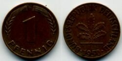 Монета ФРГ 1 пфенниг 1950 г. D