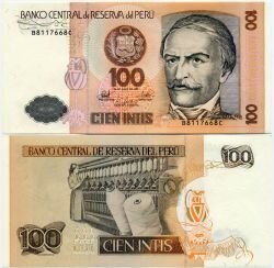 Банкнота ( бона ) Перу 100 инти 1987 г.