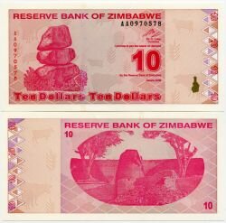 Банкнота ( бона ) Зимбабве 10 долларов 2009 г.