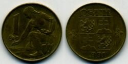 Монета Чехословакия 1 крона 1991 г.