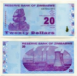 Банкнота ( бона ) Зимбабве 20 долларов 2009 г.