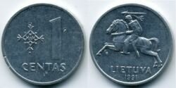 Монета Литва 1 цент 1991 г.
