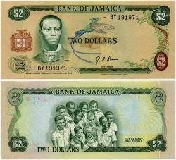 Банкнота Ямайка 2 доллара 1970 г.