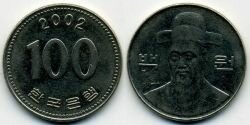 Монета Южная Корея 100 вон 2002 г.