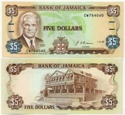Банкнота ( бона ) Ямайка 5 долларов 1992 г.