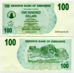 Банкнота ( бона ) Зимбабве 100 долларов 2007 г.