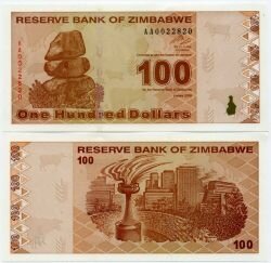 Банкнота ( бона ) Зимбабве 100 долларов 2009 г.