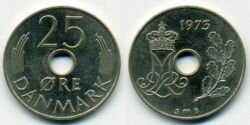 Монета Дания 25 эре 1973 г.