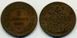 Монета Ватикан 1 байокко 1851 г.