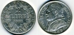 Монета Ватикан 2 лиры 1867 г. R