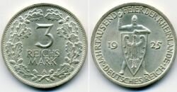 Монета Веймар 3 марки 1925 г. "1000 лет Рейнланду" А