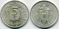 Монета Веймар 5 марок 1925 г. "1000 лет Рейнланду" А