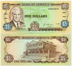 Банкнота ( бона ) Ямайка 5 долларов 1991 г.