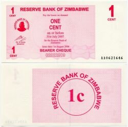 Банкнота ( бона ) Зимбабве 1 цент 2007 г.